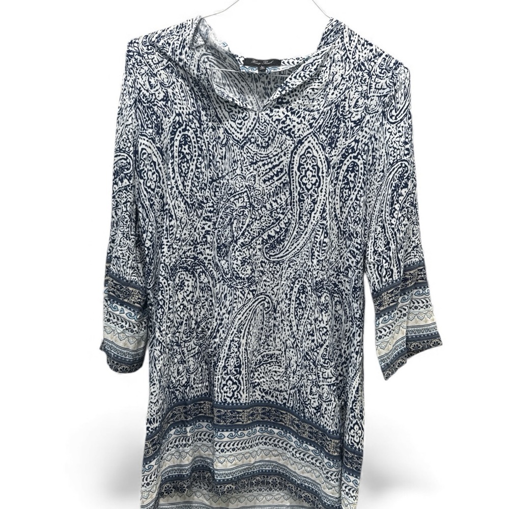 Honey Punch Boho Printed Tunic Dress – Blue/White – Size L